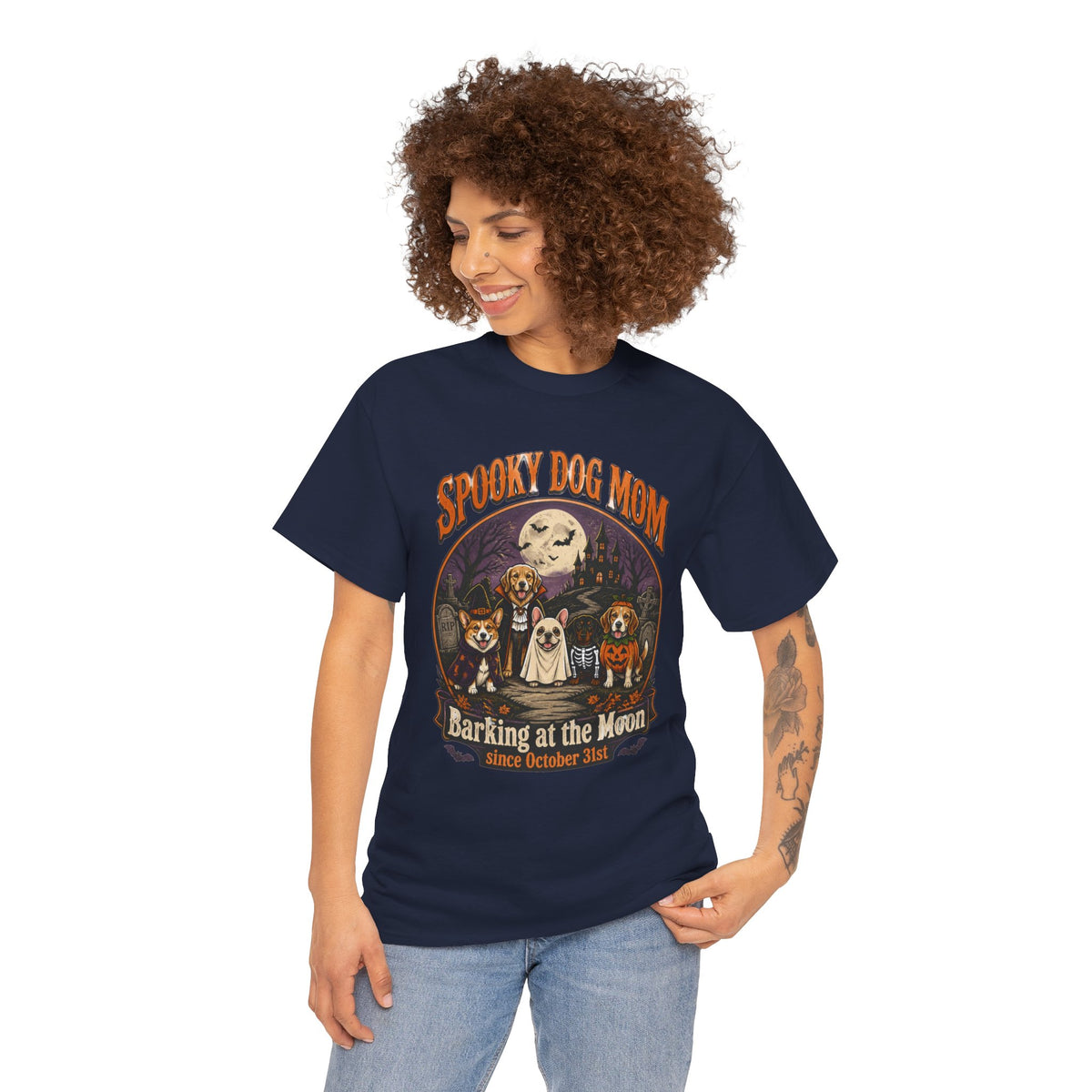 Spooky Dog Mom T‑Shirt — "Barking at the Moon" Halloween Dog Mom Tee