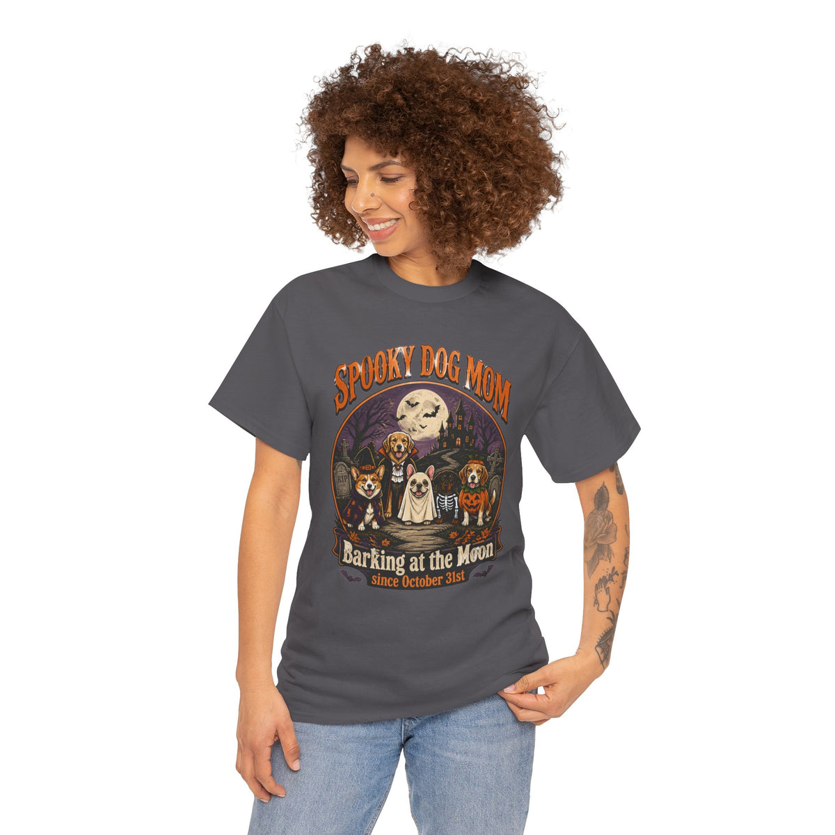 Spooky Dog Mom T‑Shirt — "Barking at the Moon" Halloween Dog Mom Tee
