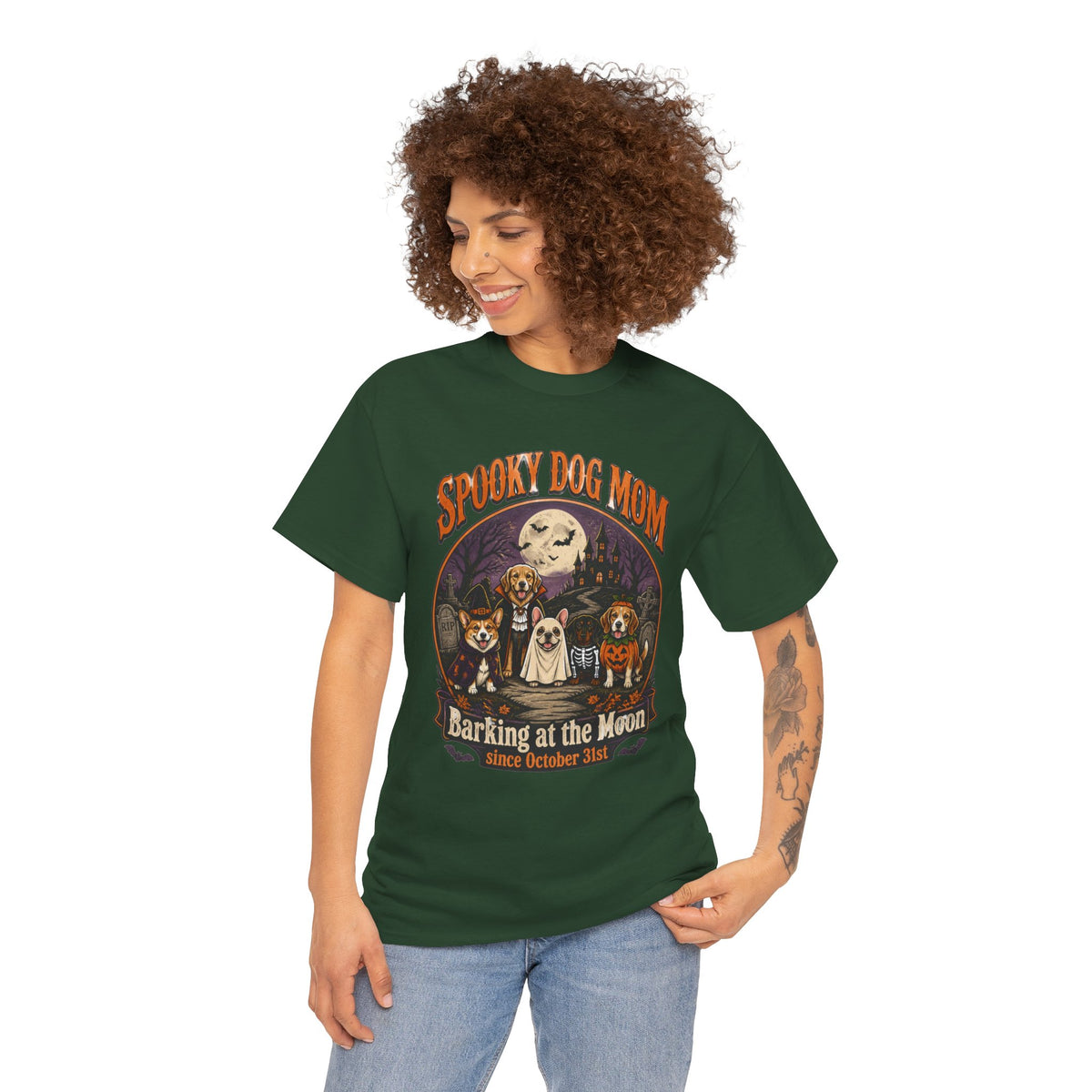 Spooky Dog Mom T‑Shirt — "Barking at the Moon" Halloween Dog Mom Tee
