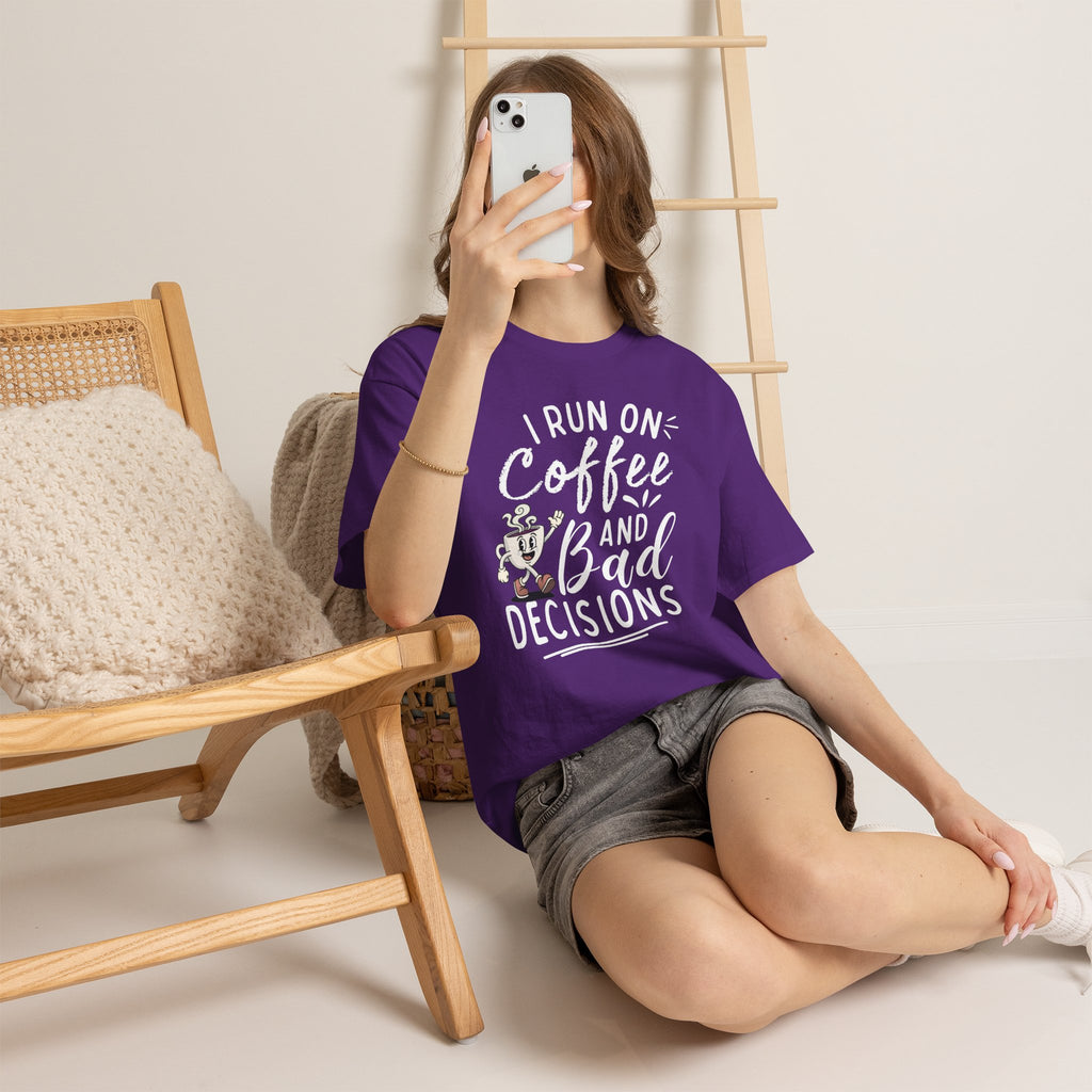 Coffee & Bad Decisions Tee — I Run On Coffee Funny Graphic T‑Shirt