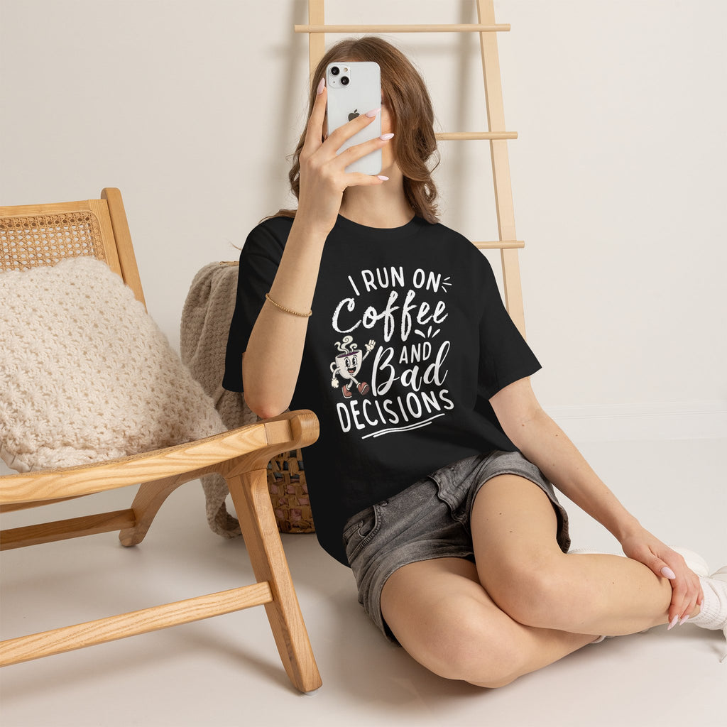 Coffee & Bad Decisions Tee — I Run On Coffee Funny Graphic T‑Shirt