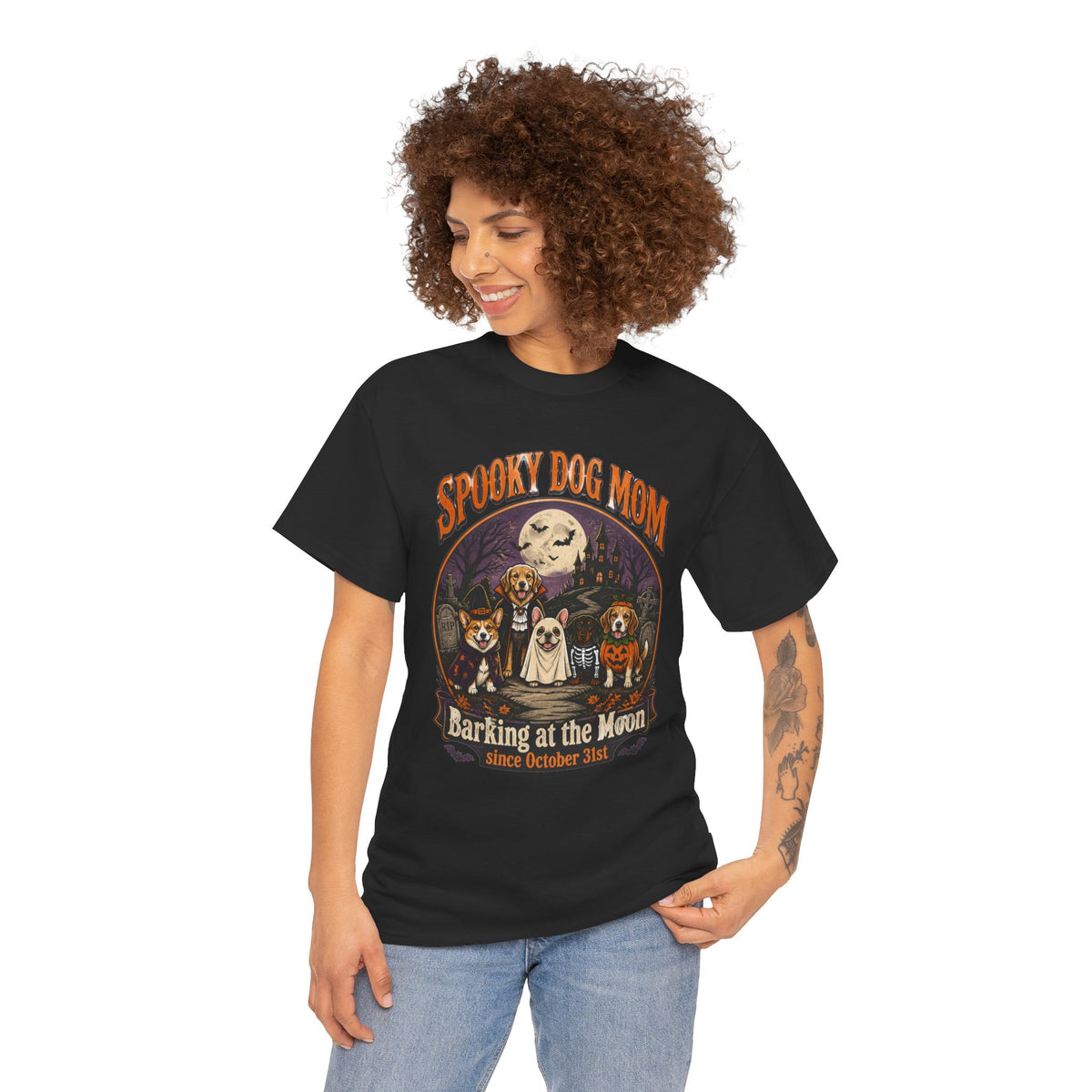 Spooky Dog Mom T‑Shirt — "Barking at the Moon" Halloween Dog Mom Tee