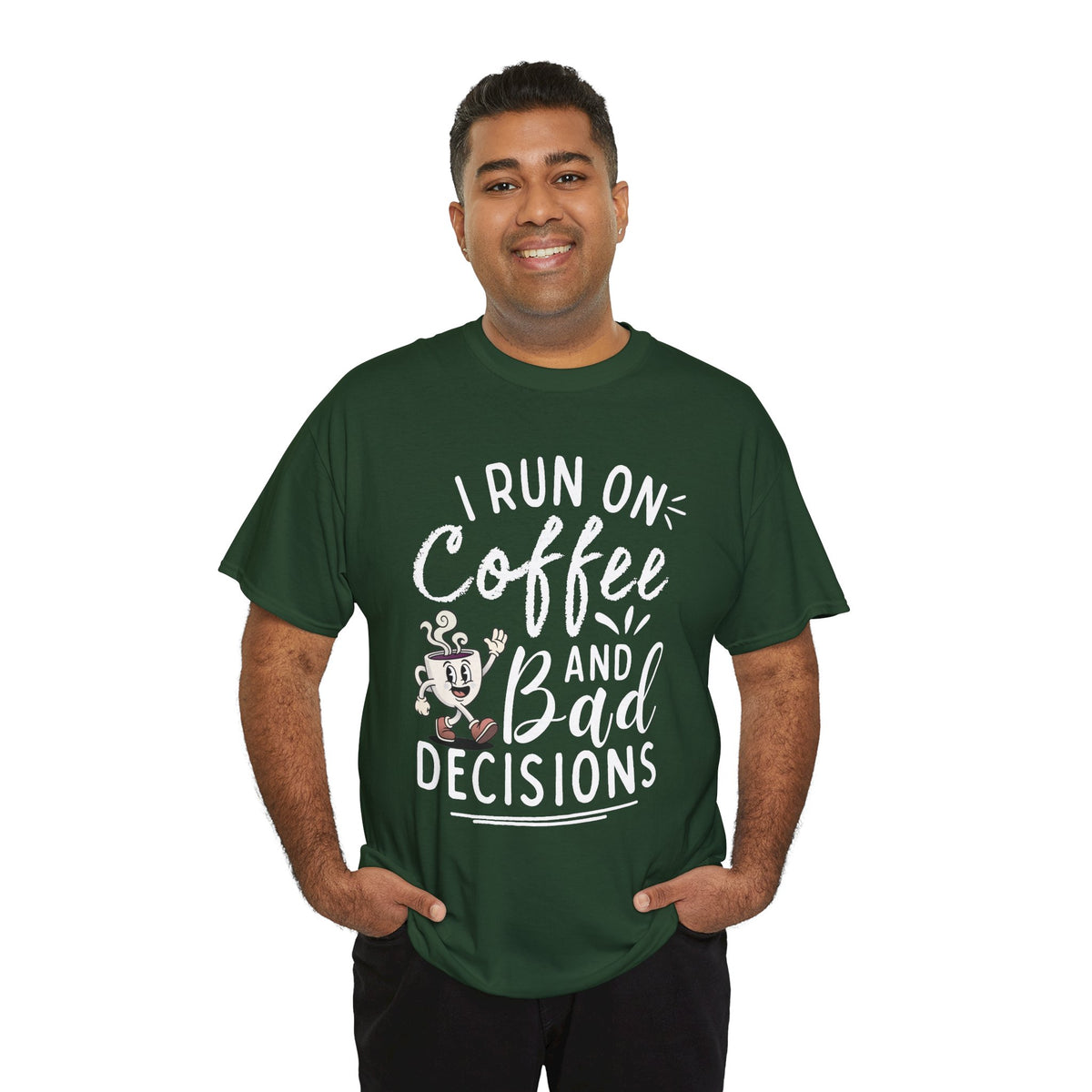Coffee & Bad Decisions Tee — I Run On Coffee Funny Graphic T‑Shirt